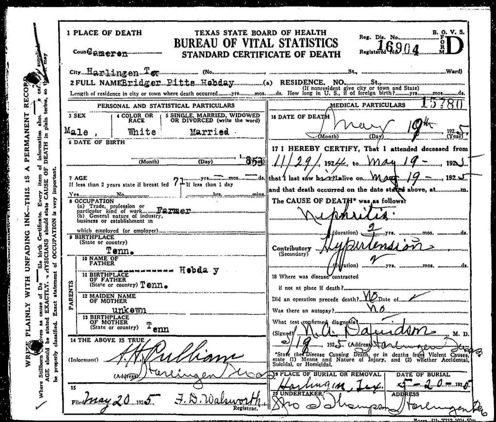 Death Certificate of Bridger Pitts Hobday