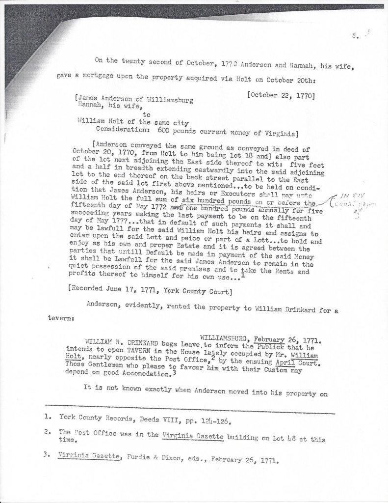 York County Record stating William R. Drinkard will open a tavern in the Anderson House in Williamsburg in 1771. 