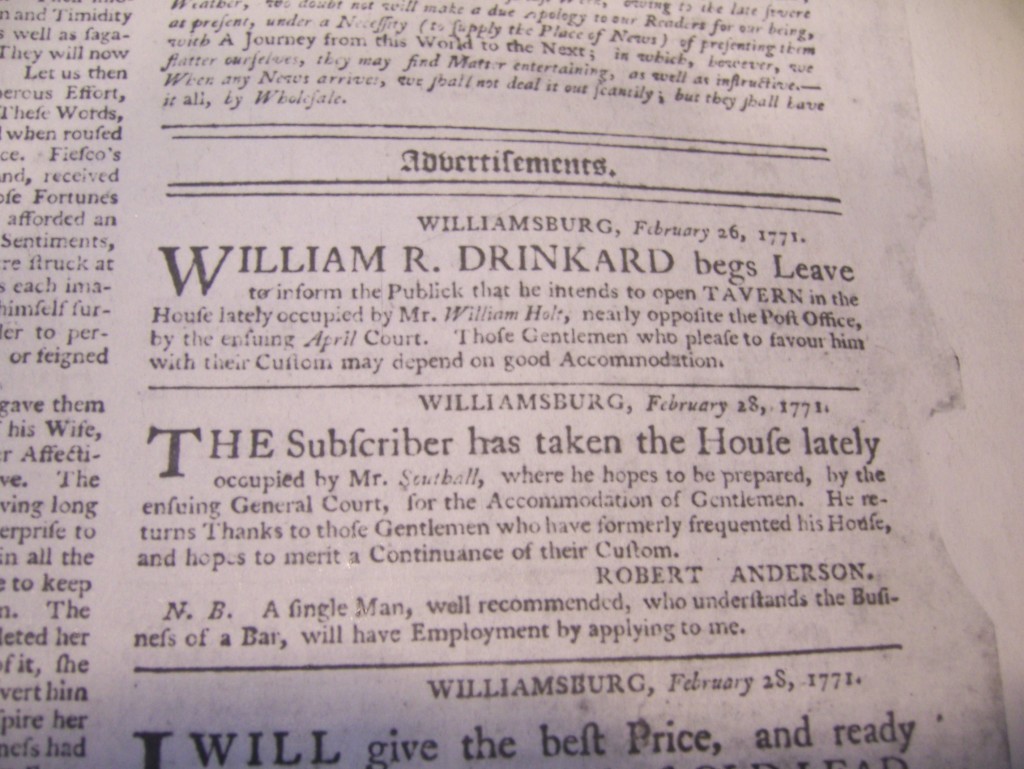 Virginia Gazette article that states that William Drinkard will open a tavern in Willliamsburg. 