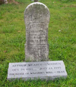 Original tombstone of Arthur Warren & one identifying him as the founder of Warren's Mill. 