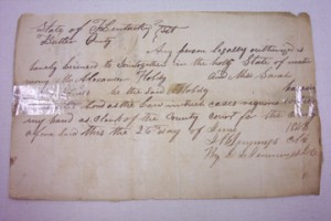 Marriage Bond for Alex. Hobdy & Sarah James 1843