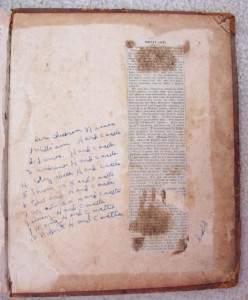 Inside front cover. Written in ink: (which refers to the woman in the obituary glued to the back cover. Her children names: 1.William Hardcastle 2. James Hardcastle 3. Andrew Hardcastle 4. Elizabeth Hardcastle 5. Thomas Hardcastle 6. Edward Hardcastle 7. Matilda Hardcastle 8. Lucy Hardcastle 9. Mary Hardcastle 10. Robert Hardcastle 